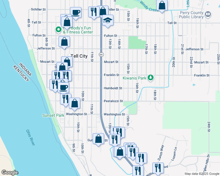 map of restaurants, bars, coffee shops, grocery stores, and more near 500 13th Street in Tell City