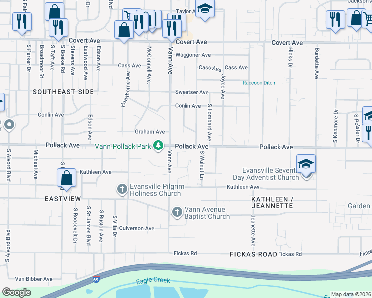 map of restaurants, bars, coffee shops, grocery stores, and more near 2010 Dianne Court in Evansville