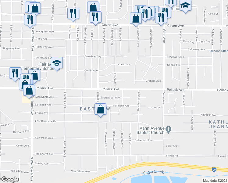 map of restaurants, bars, coffee shops, grocery stores, and more near 2509 Pollack Avenue in Evansville