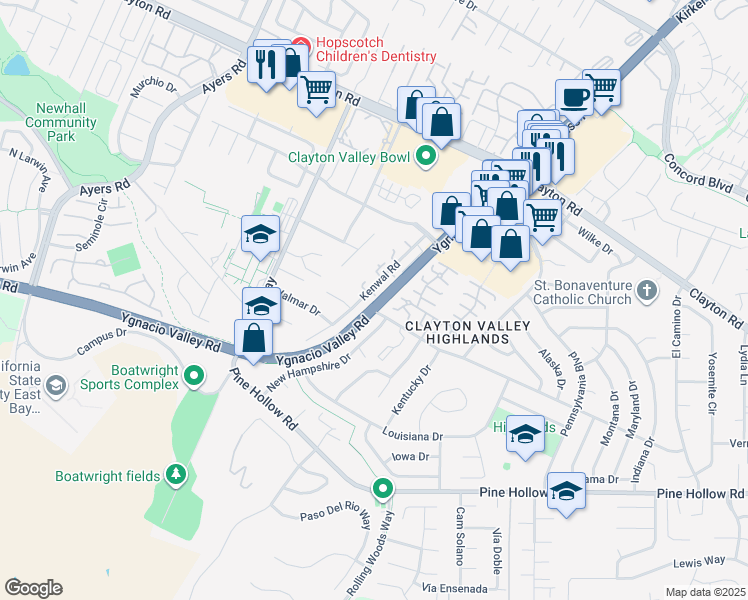 map of restaurants, bars, coffee shops, grocery stores, and more near 1120 Kenwal Road in Concord