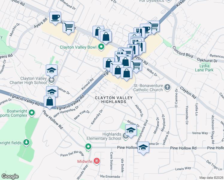 map of restaurants, bars, coffee shops, grocery stores, and more near 5497 Roundtree Drive in Concord