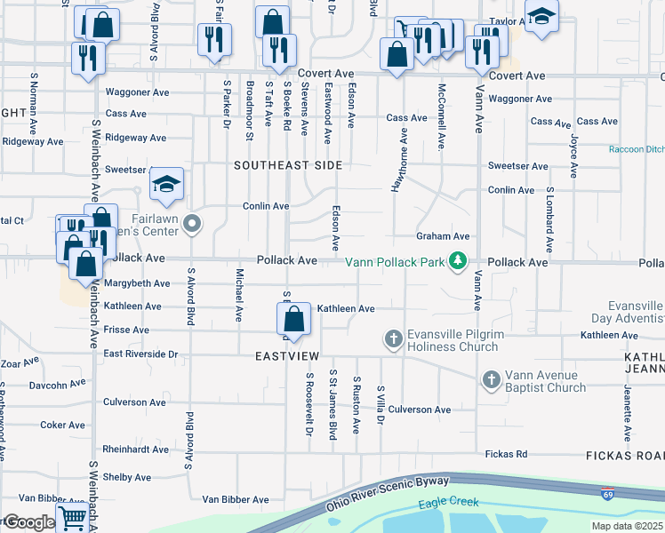 map of restaurants, bars, coffee shops, grocery stores, and more near 2545 Pollack Avenue in Evansville