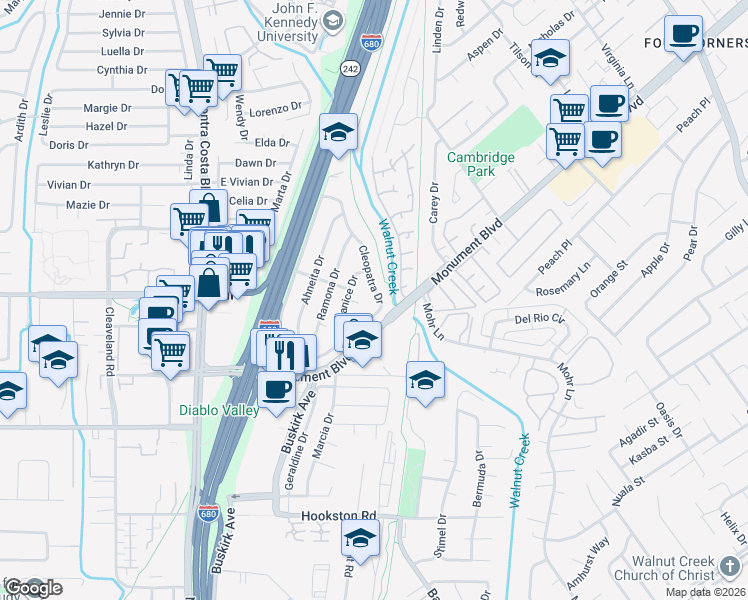 map of restaurants, bars, coffee shops, grocery stores, and more near 130 Cleopatra Drive in Pleasant Hill