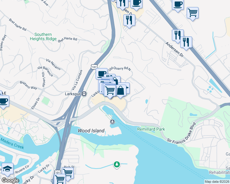 map of restaurants, bars, coffee shops, grocery stores, and more near 2413 Larkspur Landing Circle in Larkspur