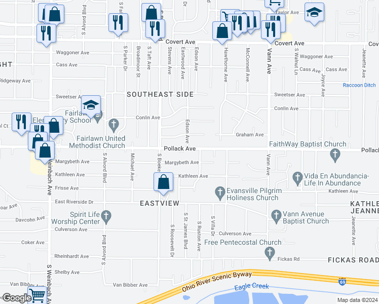 map of restaurants, bars, coffee shops, grocery stores, and more near 2553 Pollack Avenue in Evansville