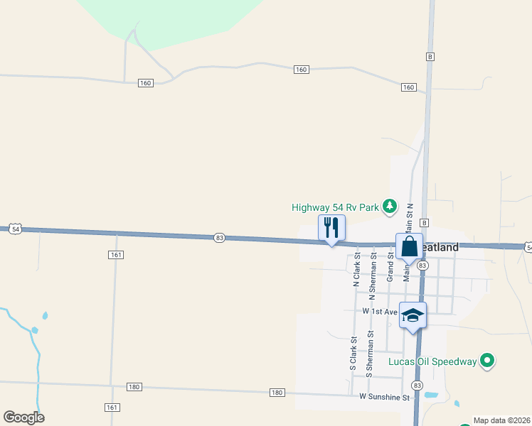 map of restaurants, bars, coffee shops, grocery stores, and more near 18447 U.S. 54 in Wheatland