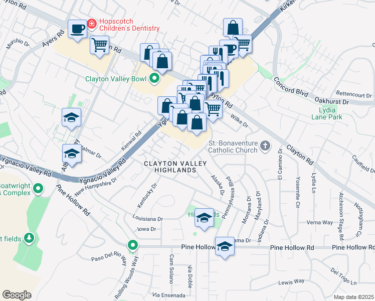 map of restaurants, bars, coffee shops, grocery stores, and more near 5519 Roundtree Drive in Concord