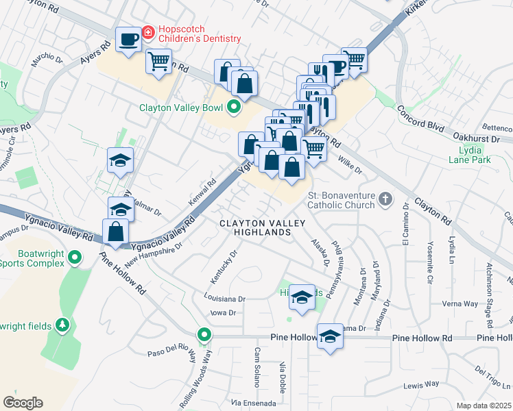 map of restaurants, bars, coffee shops, grocery stores, and more near 5474 Roundtree Place in Concord