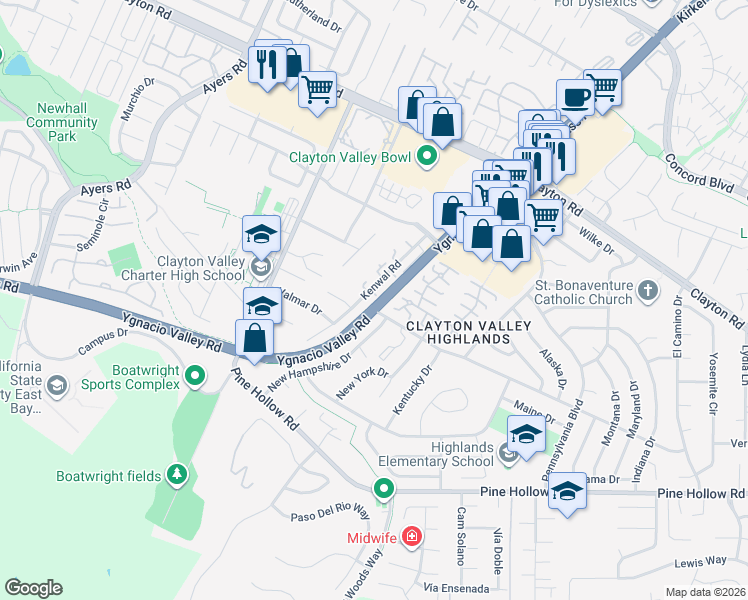 map of restaurants, bars, coffee shops, grocery stores, and more near 1215 Kenwal Road in Concord