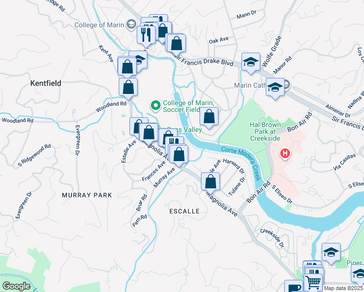 map of restaurants, bars, coffee shops, grocery stores, and more near in Larkspur