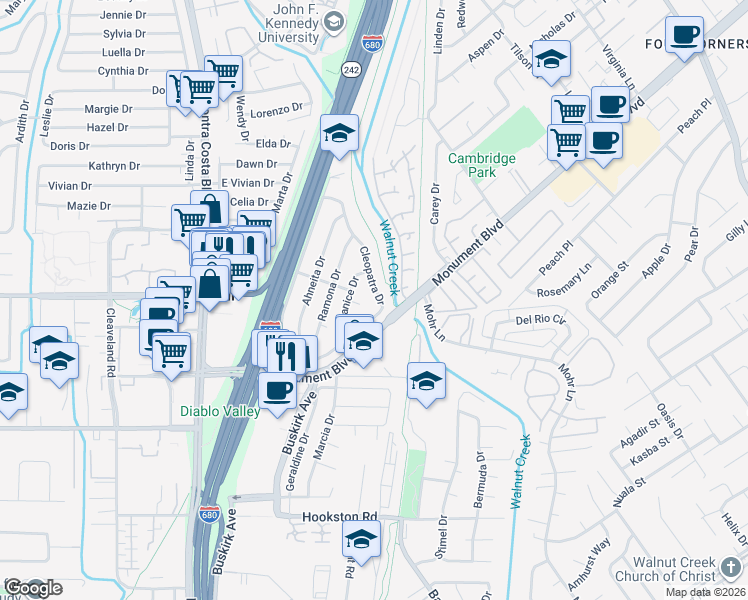 map of restaurants, bars, coffee shops, grocery stores, and more near 130 Cleopatra Drive in Pleasant Hill