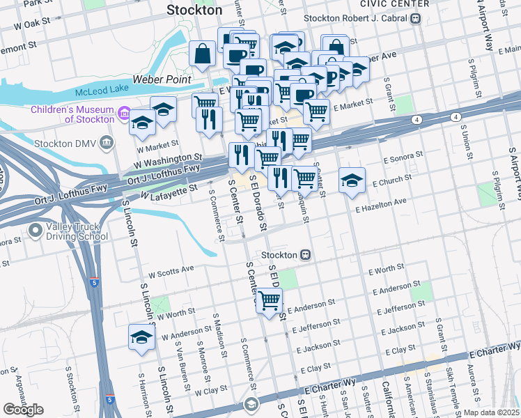map of restaurants, bars, coffee shops, grocery stores, and more near El Dorado Street & East Church Street in Stockton