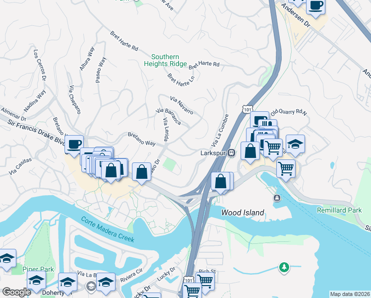 map of restaurants, bars, coffee shops, grocery stores, and more near 128 Eliseo Drive in Larkspur