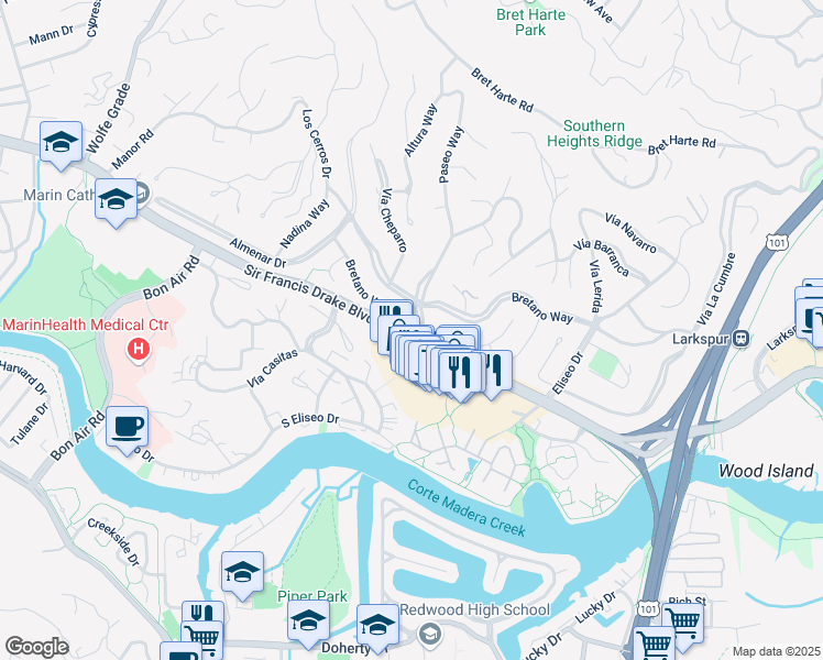 map of restaurants, bars, coffee shops, grocery stores, and more near 1 Los Cerros Drive in Kentfield