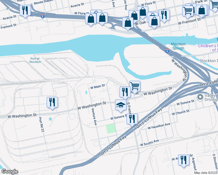 map of restaurants, bars, coffee shops, grocery stores, and more near 2 South Los Angeles Avenue in Stockton