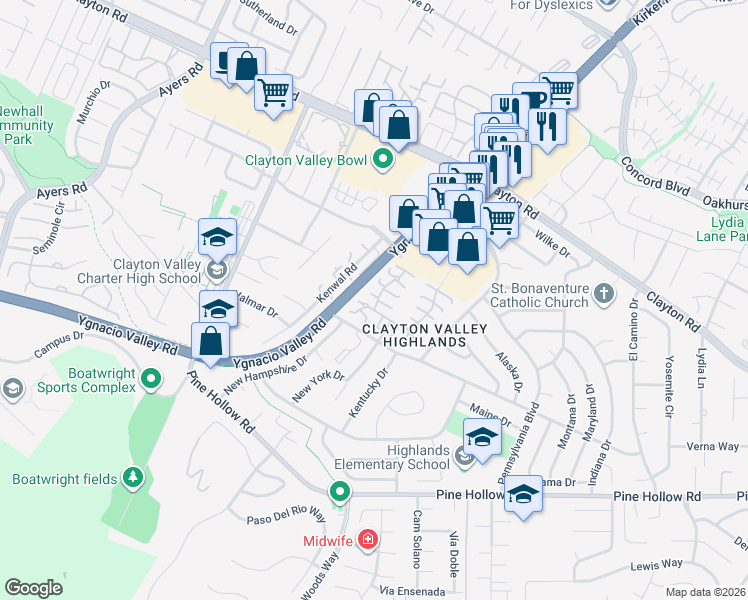 map of restaurants, bars, coffee shops, grocery stores, and more near 1320 Kenwal Road in Concord