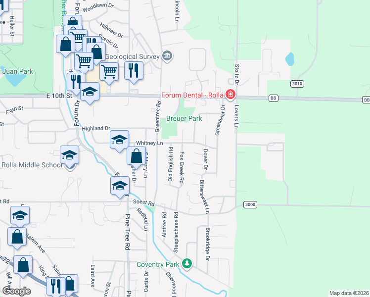 map of restaurants, bars, coffee shops, grocery stores, and more near 1517 Whitney Lane in Rolla