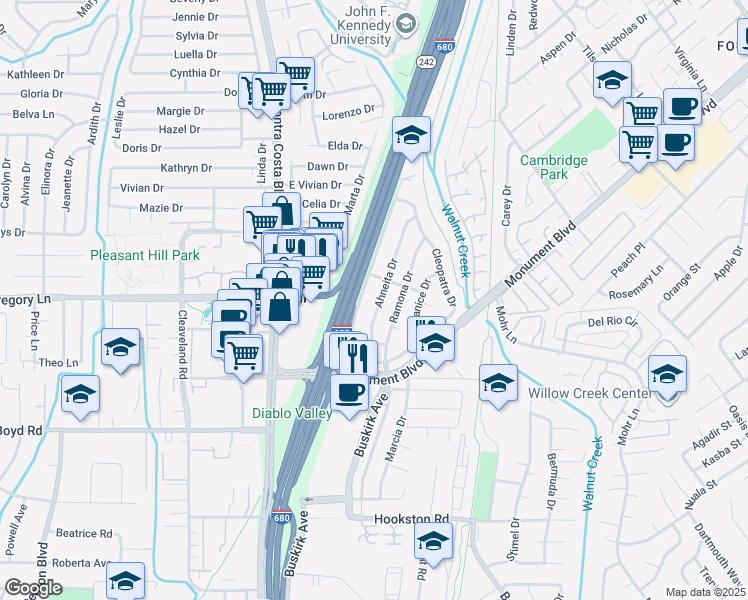 map of restaurants, bars, coffee shops, grocery stores, and more near 2130 Ahneita Drive in Pleasant Hill