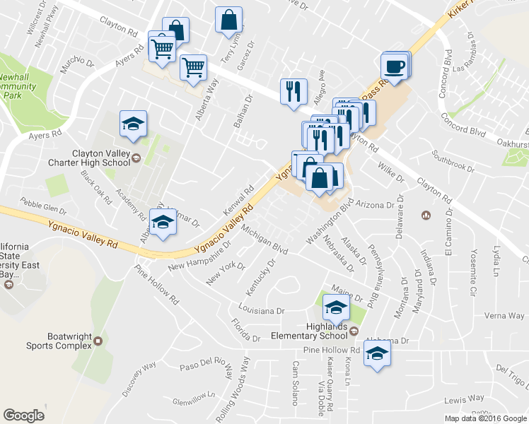 map of restaurants, bars, coffee shops, grocery stores, and more near 1320 Kenwal Road in Concord