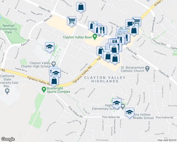 map of restaurants, bars, coffee shops, grocery stores, and more near 1320 Kenwal Road in Concord