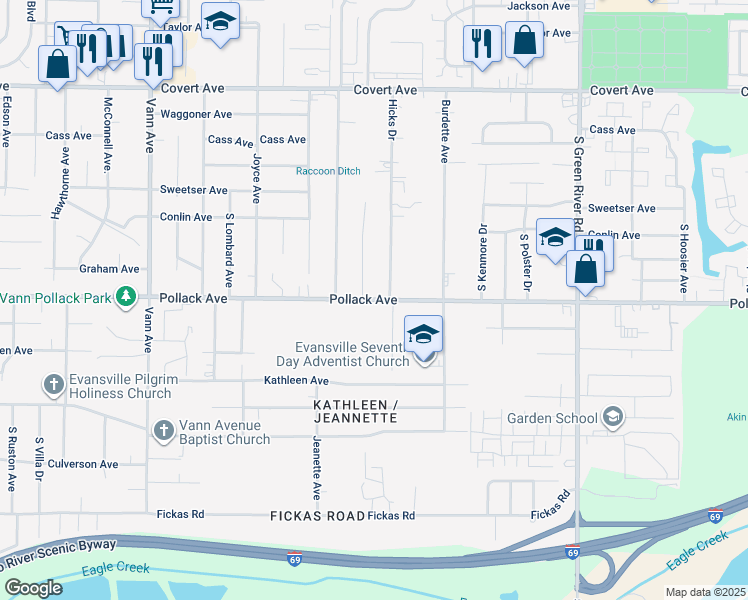 map of restaurants, bars, coffee shops, grocery stores, and more near 2058 Hicks Drive in Evansville
