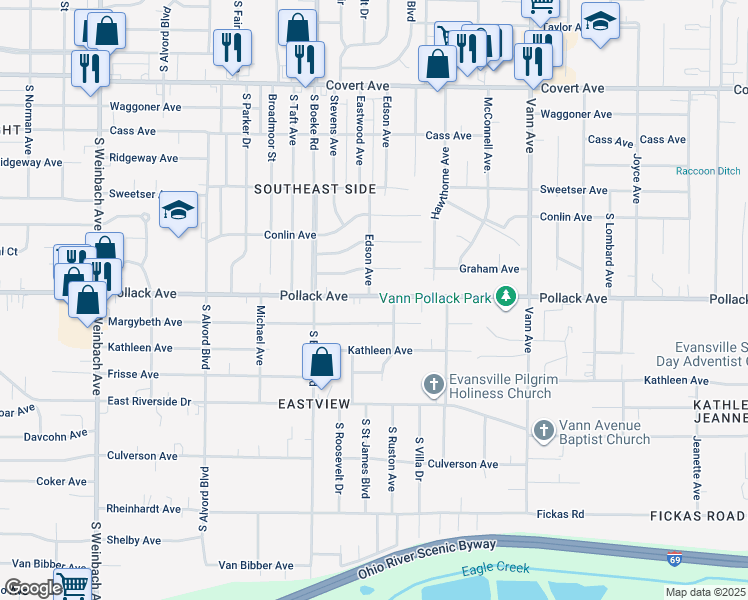 map of restaurants, bars, coffee shops, grocery stores, and more near 2562 Pollack Avenue in Evansville