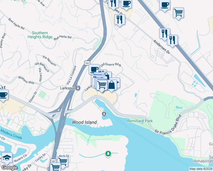 map of restaurants, bars, coffee shops, grocery stores, and more near 1896 Larkspur Landing Circle in Larkspur