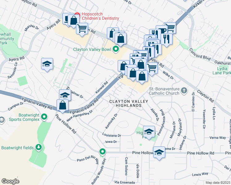 map of restaurants, bars, coffee shops, grocery stores, and more near 5458 Roundtree Place in Concord