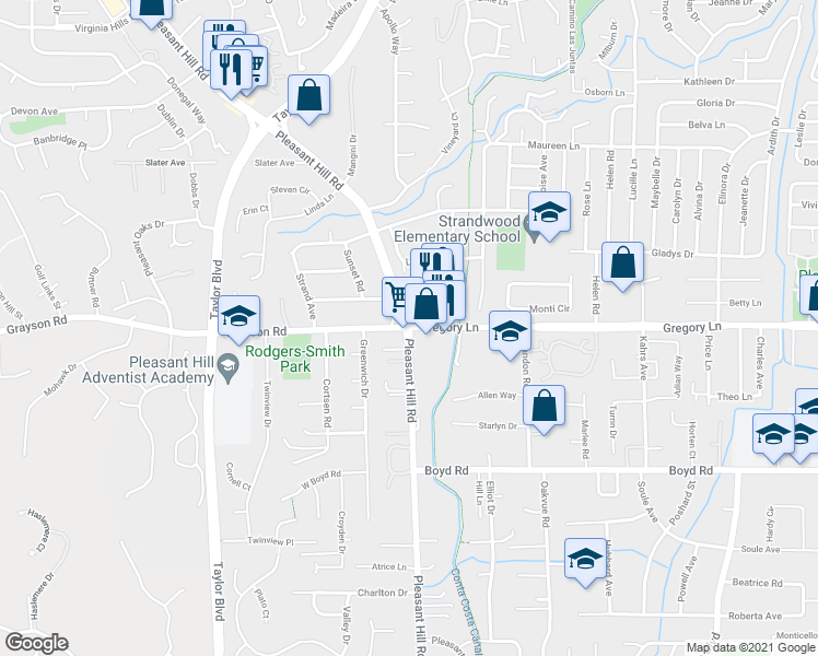map of restaurants, bars, coffee shops, grocery stores, and more near Pleasant Hill Rd & Gregory Ln in Pleasant Hill