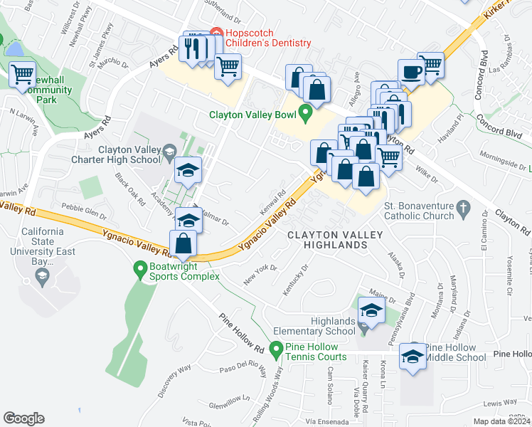 map of restaurants, bars, coffee shops, grocery stores, and more near 1120 Kenwal Road in Concord