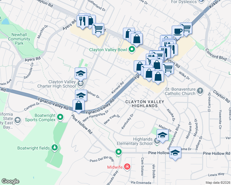 map of restaurants, bars, coffee shops, grocery stores, and more near 1215 Kenwal Road in Concord
