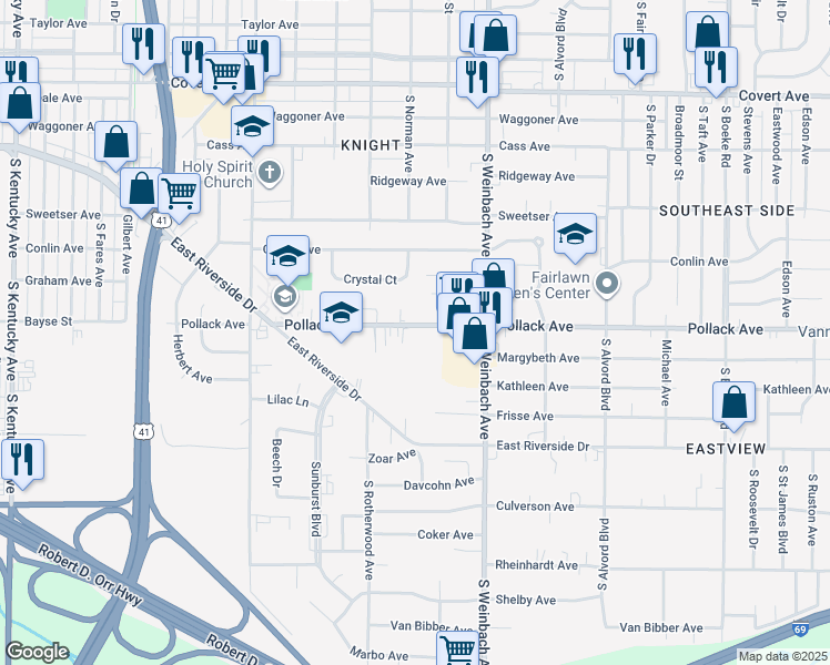 map of restaurants, bars, coffee shops, grocery stores, and more near 1801 Pollack Avenue in Evansville