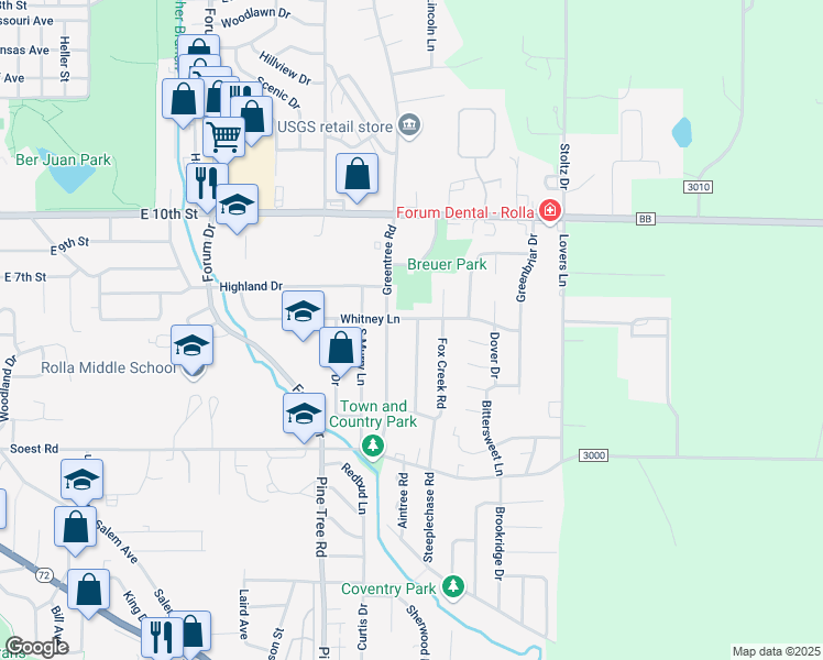 map of restaurants, bars, coffee shops, grocery stores, and more near 503 Old English Road in Rolla