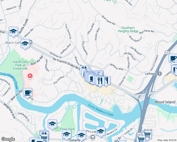 map of restaurants, bars, coffee shops, grocery stores, and more near 500 Sir Francis Drake Boulevard in Kentfield