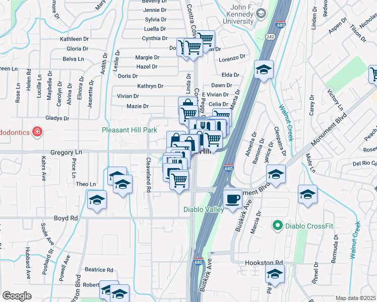 map of restaurants, bars, coffee shops, grocery stores, and more near 816 Camelback Place in Pleasant Hill