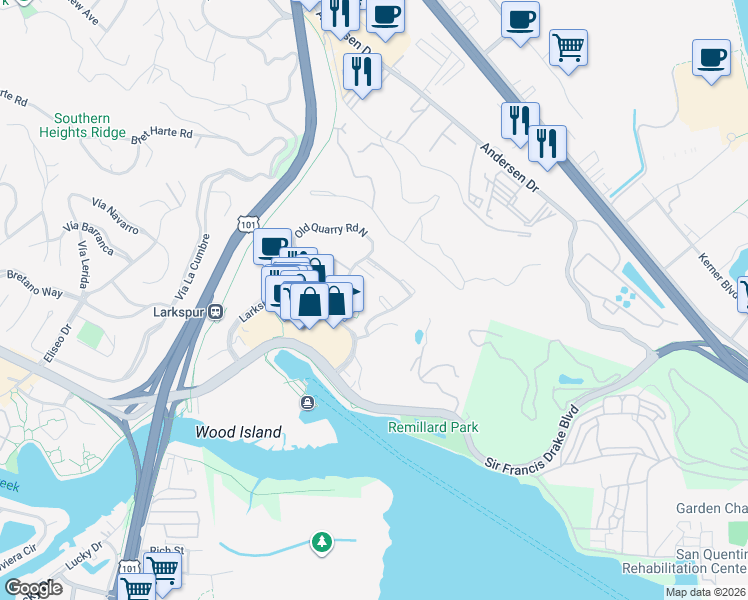 map of restaurants, bars, coffee shops, grocery stores, and more near in Larkspur