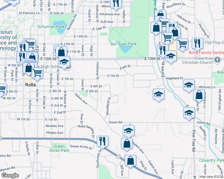 map of restaurants, bars, coffee shops, grocery stores, and more near 17 Pauline Lane in Rolla