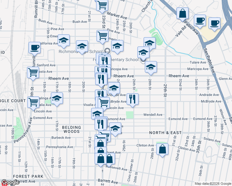 map of restaurants, bars, coffee shops, grocery stores, and more near 2375 Andrade Avenue in Richmond