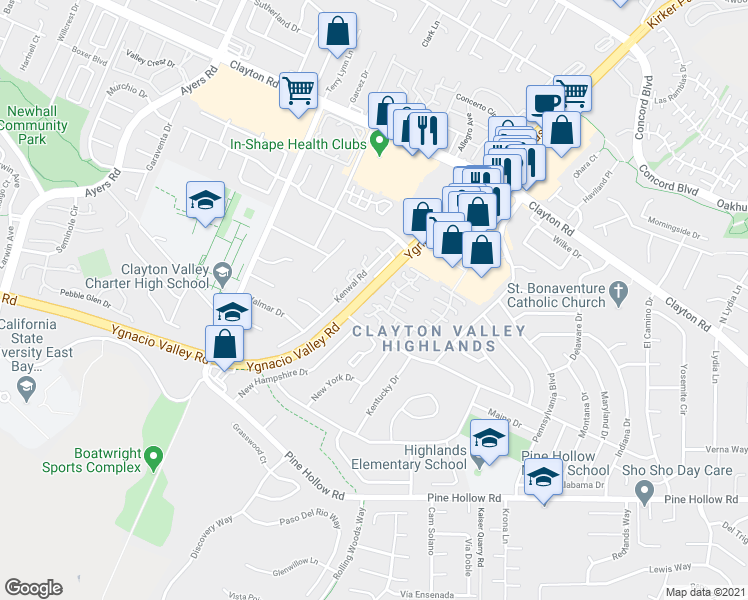 map of restaurants, bars, coffee shops, grocery stores, and more near 1320 Kenwal Road in Concord