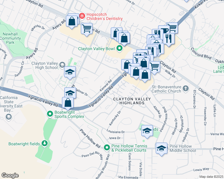 map of restaurants, bars, coffee shops, grocery stores, and more near 1320 Kenwal Road in Concord