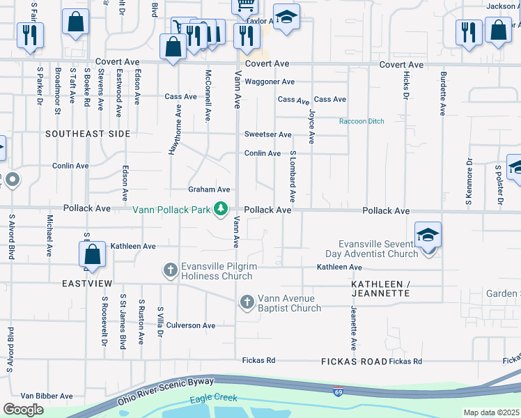 map of restaurants, bars, coffee shops, grocery stores, and more near 2010 Dianne Court in Evansville