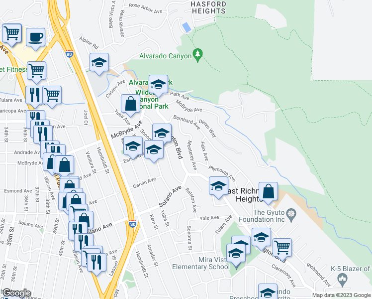 map of restaurants, bars, coffee shops, grocery stores, and more near 6026 Monterey Avenue in Richmond