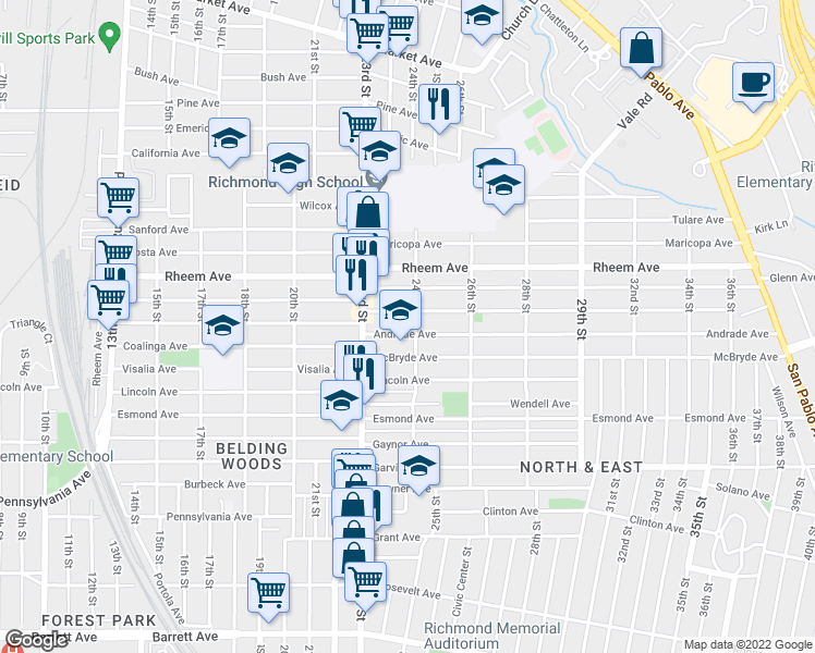 map of restaurants, bars, coffee shops, grocery stores, and more near 2375 Andrade Avenue in Richmond