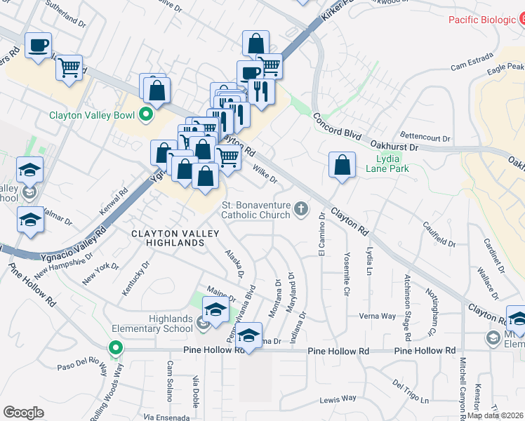 map of restaurants, bars, coffee shops, grocery stores, and more near 5515 Arizona Drive in Concord