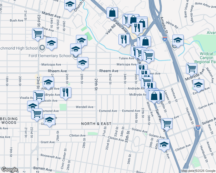 map of restaurants, bars, coffee shops, grocery stores, and more near 1077 32nd Street in Richmond