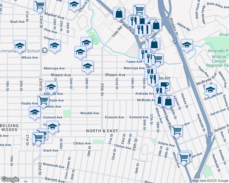 map of restaurants, bars, coffee shops, grocery stores, and more near in Richmond