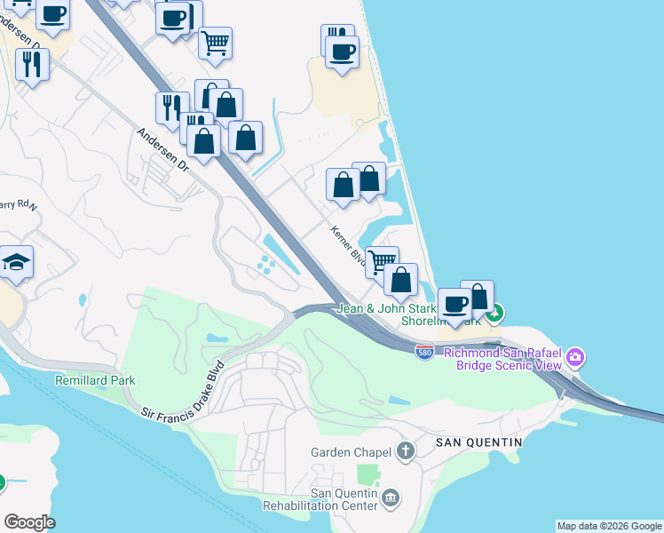 map of restaurants, bars, coffee shops, grocery stores, and more near 2505 Kerner Boulevard in San Rafael