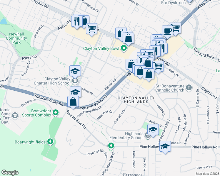 map of restaurants, bars, coffee shops, grocery stores, and more near 1140 Kenwal Road in Concord