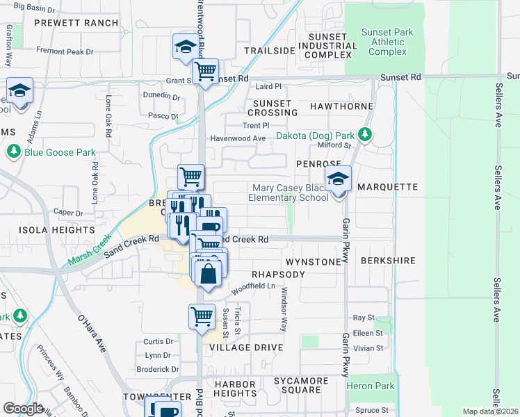 map of restaurants, bars, coffee shops, grocery stores, and more near 212 Brush Creek Drive in Brentwood