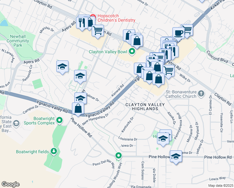 map of restaurants, bars, coffee shops, grocery stores, and more near 1140 Kenwal Road in Concord